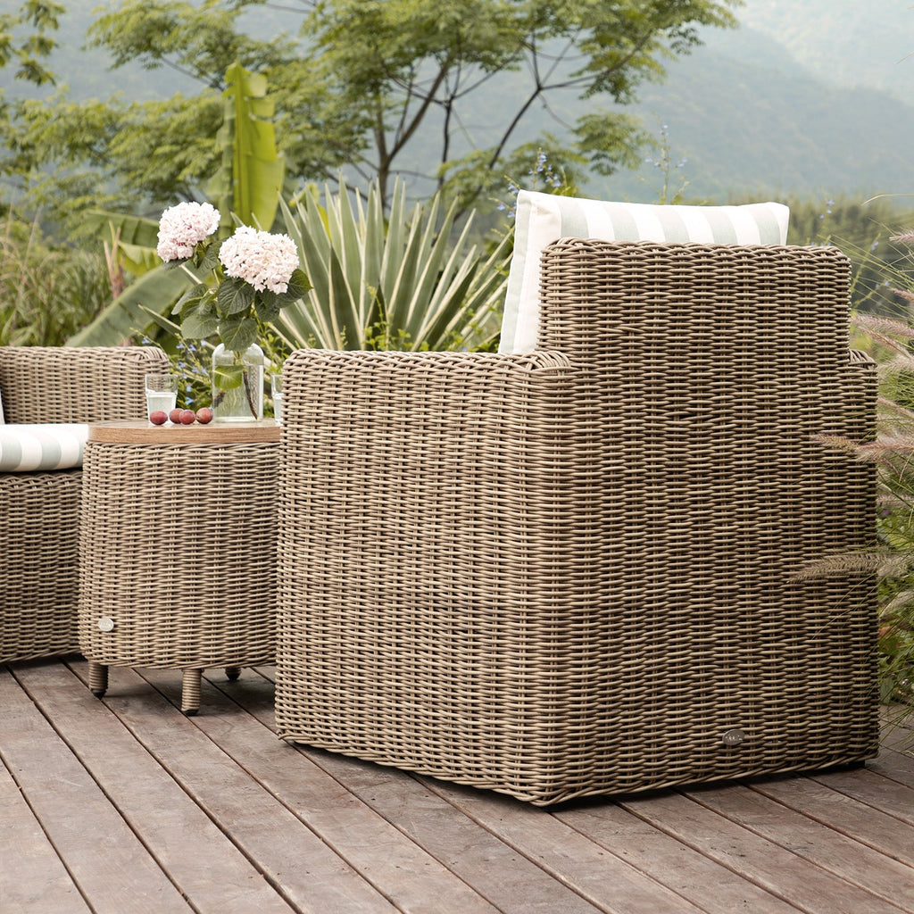 Bellagio Round Wicker Bistro Set with Rising Side Table, Natural with Sage Stripes
