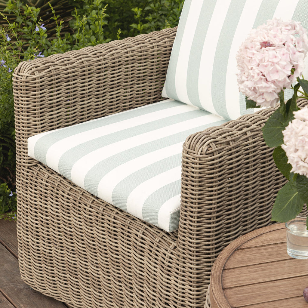 Bellagio Round Wicker Bistro Set with Rising Side Table, Natural with Sage Stripes