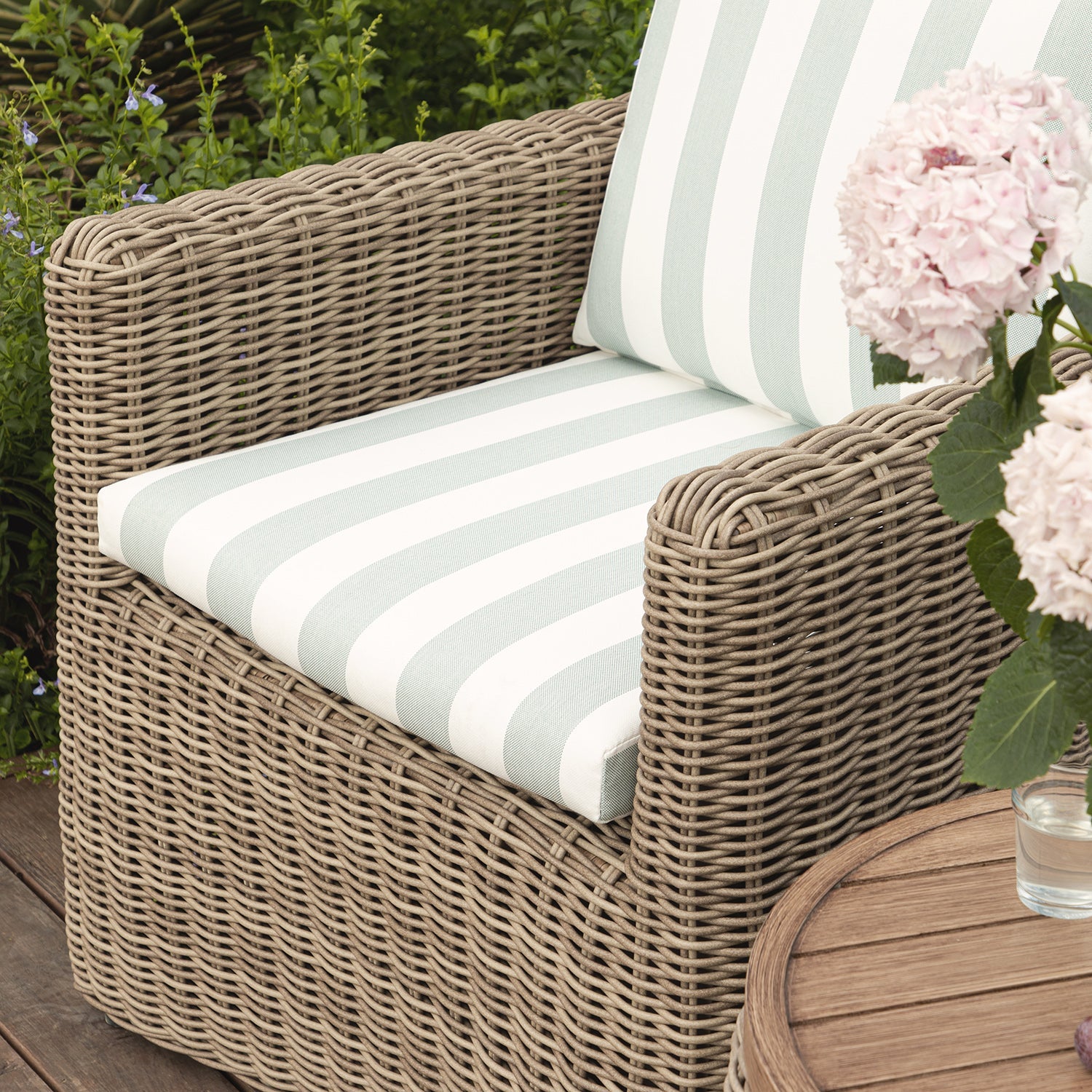 Bellagio Round Wicker Bistro Set with Rising Side Table, Natural with Sage Stripes