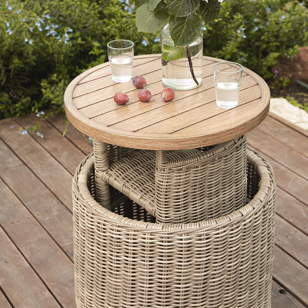 Bellagio Round Wicker Bistro Set with Rising Side Table, Natural with Sage Stripes