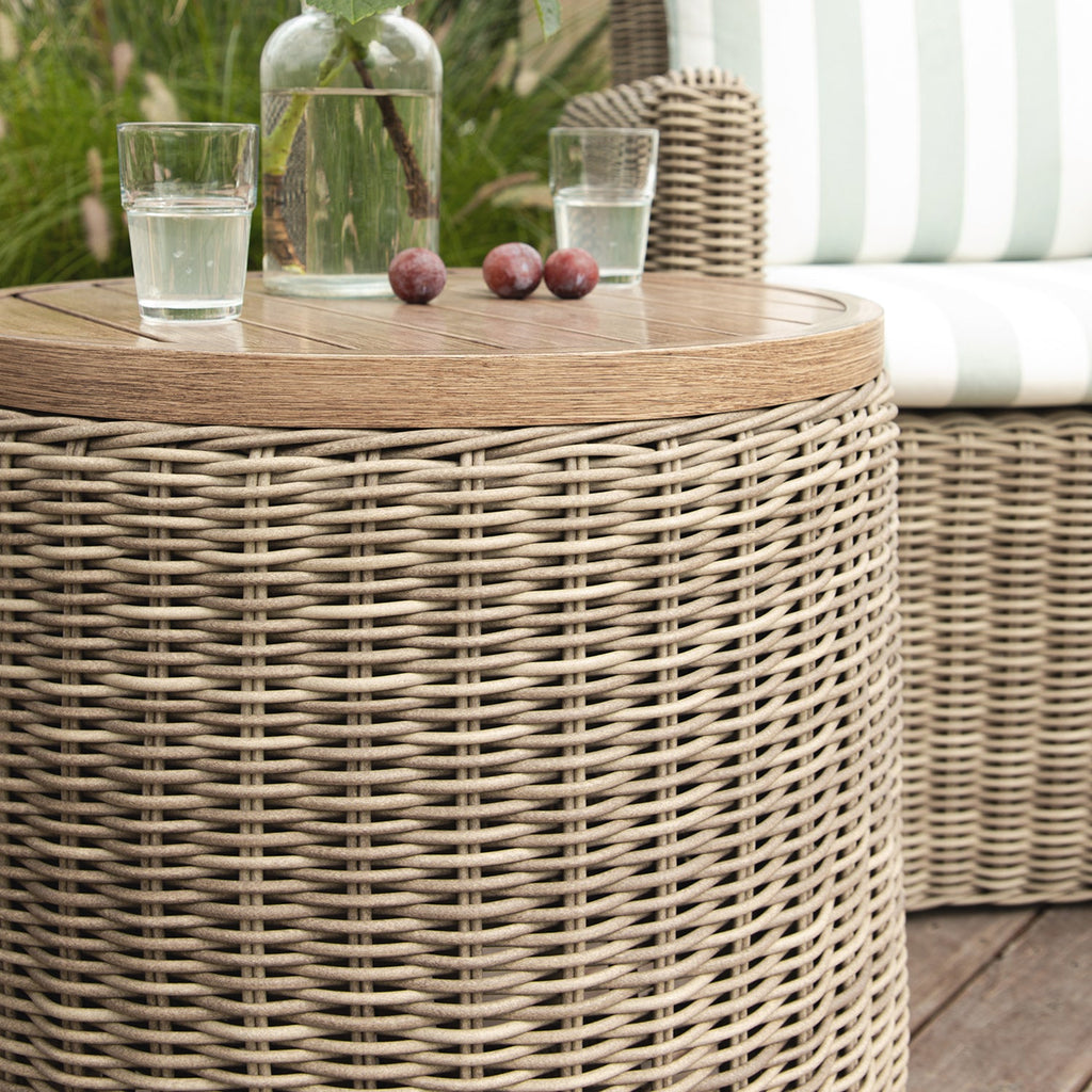 Bellagio Round Wicker Bistro Set with Rising Side Table, Natural with Sage Stripes