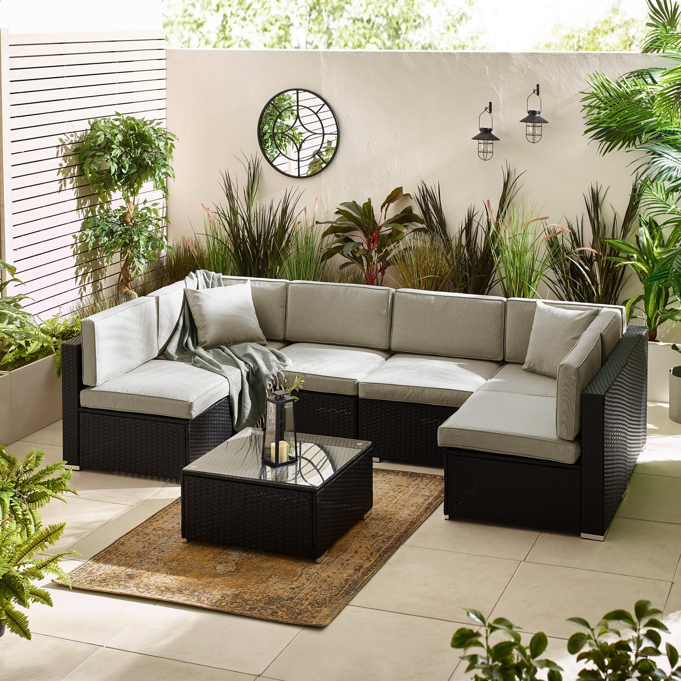 Orlando Black Rattan & Grey 6 Seat Modular Garden Sofa