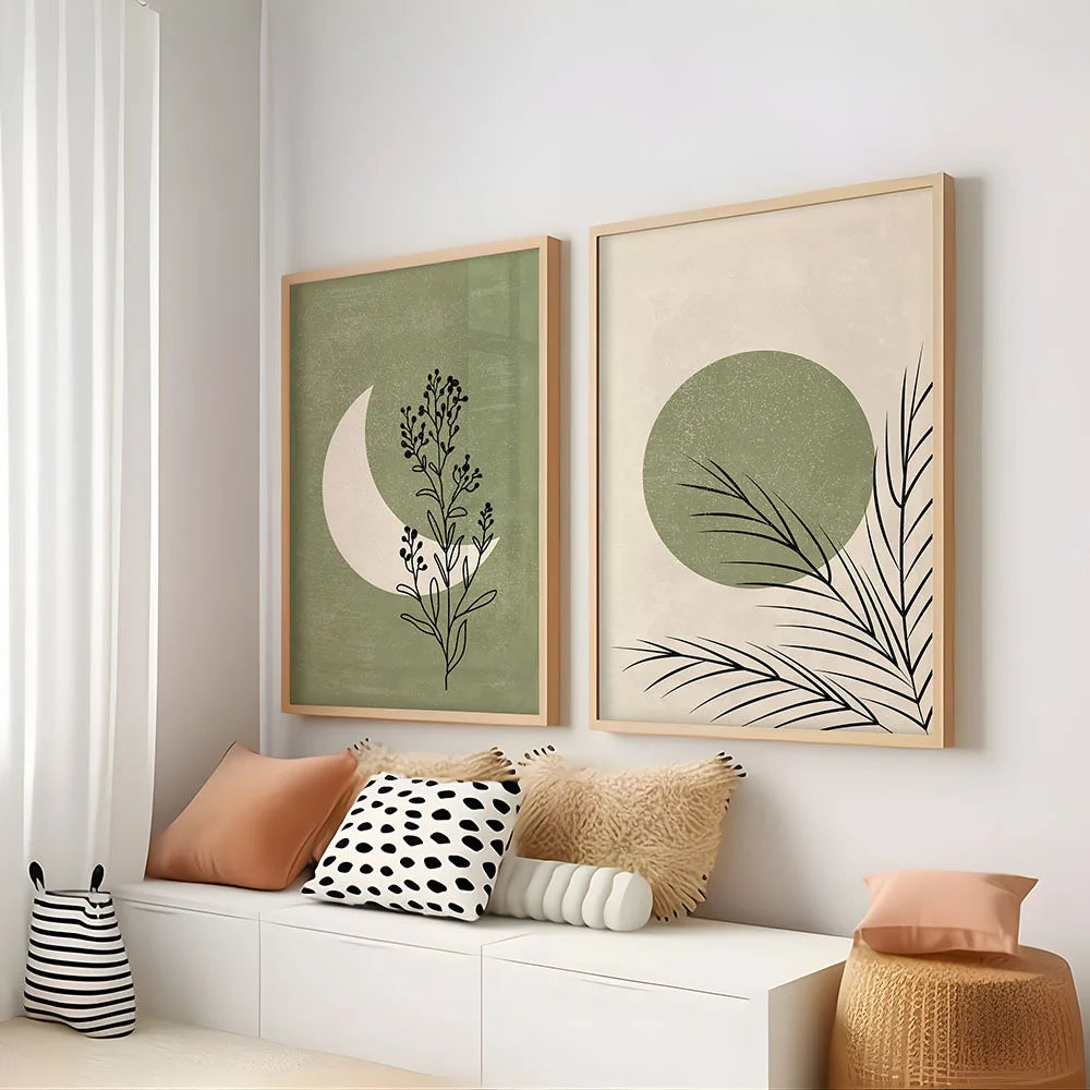 UrbanFamily – 2-Piece Bohemian Canvas Set | Plant, Moon & Sun Wall Art