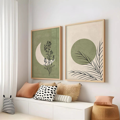 UrbanFamily – 2-Piece Bohemian Canvas Set | Plant, Moon & Sun Wall Art