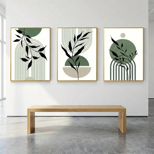 UrbanFamily – 3-Piece Sage Green Bohemian Wall Mural Set | Abstract Plant Art