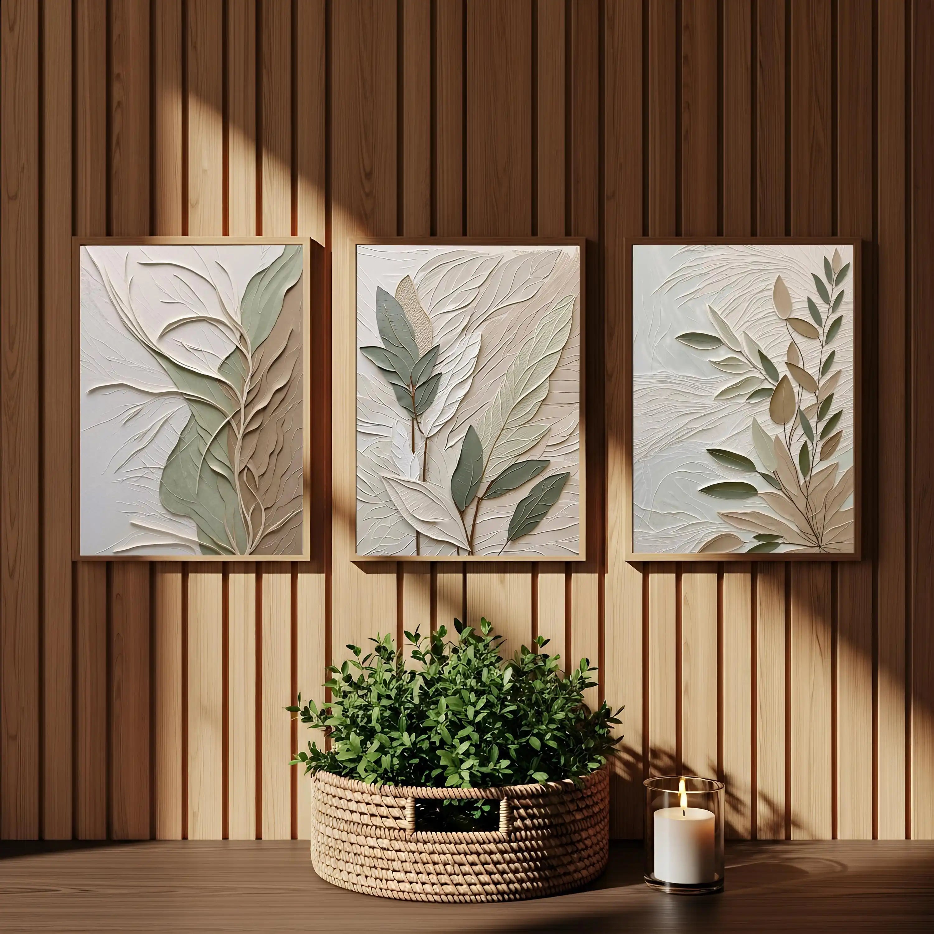 UrbanFamily – Set of 3 Textured Leaf Wall Art Posters