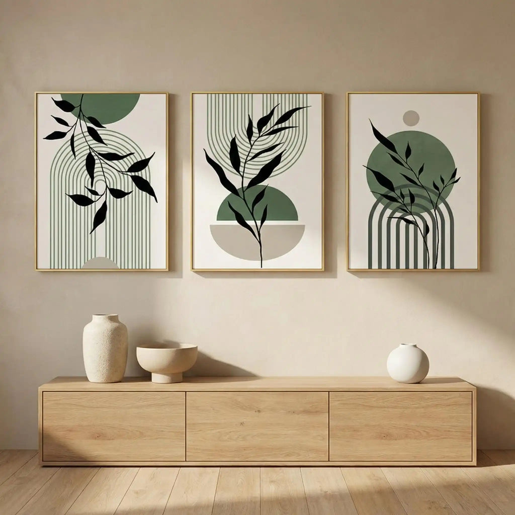 UrbanFamily – 3-Piece Sage Green Bohemian Wall Mural Set | Abstract Plant Art