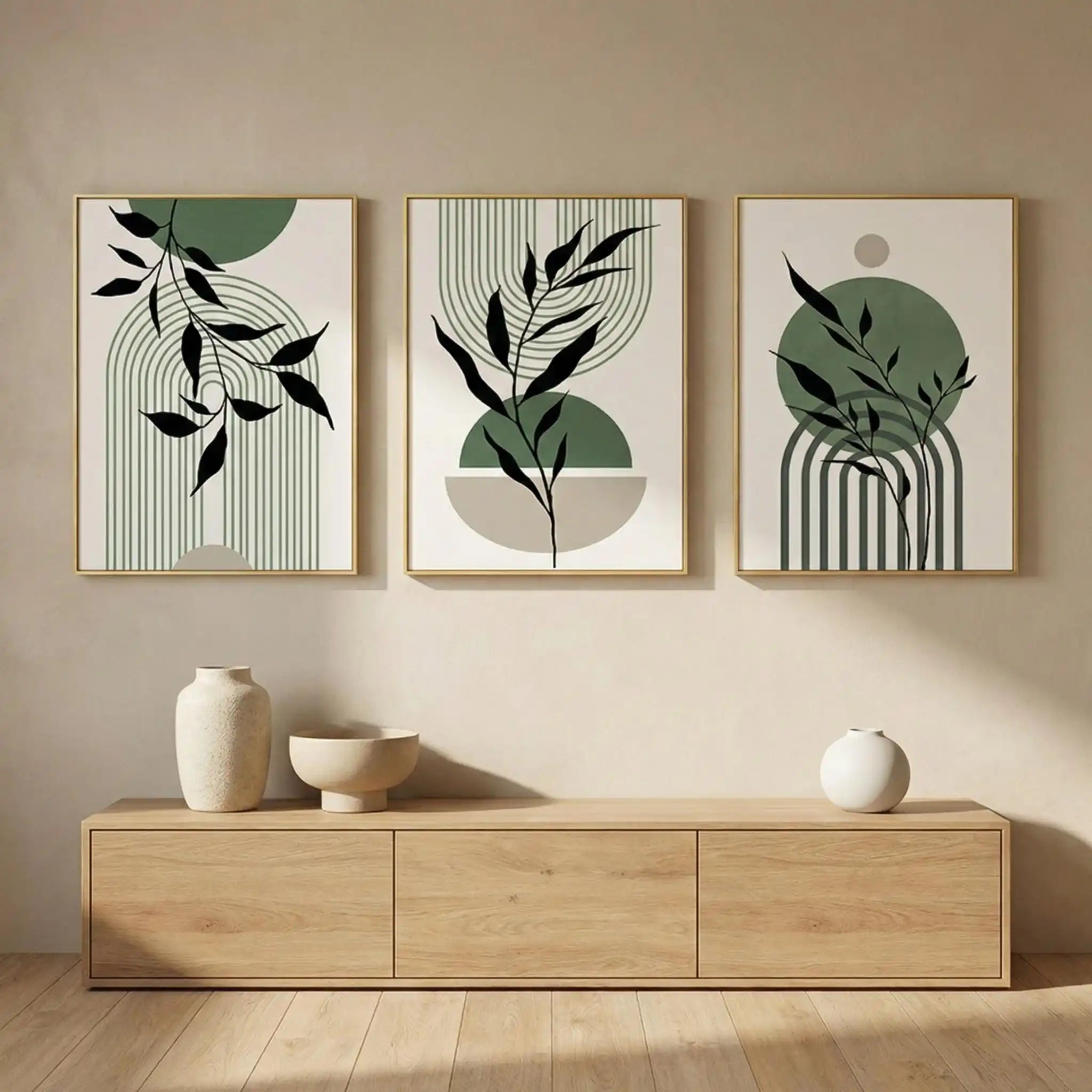 UrbanFamily – 3-Piece Sage Green Bohemian Wall Mural Set | Abstract Plant Art