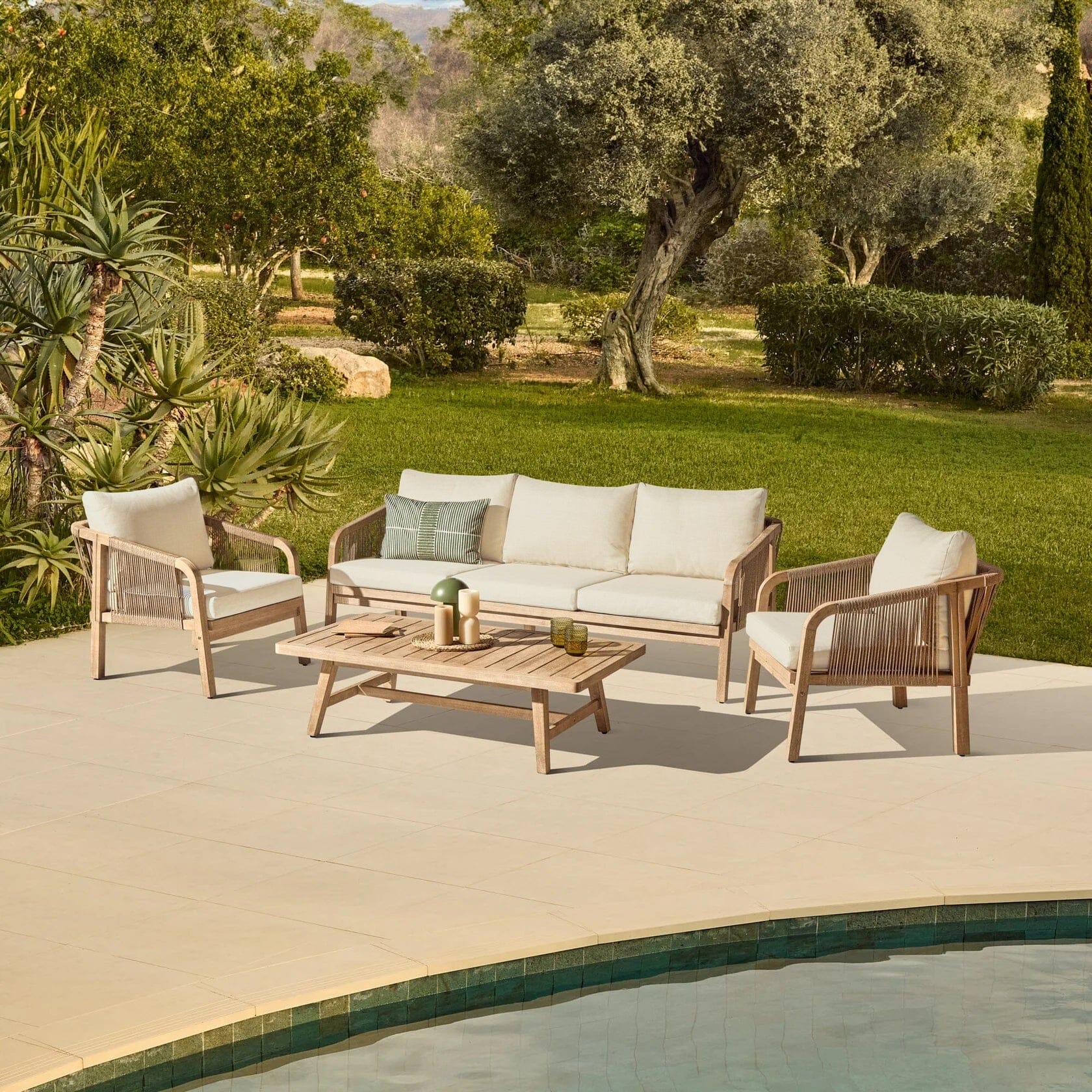 Shiro Wooden Garden Set with 3 Seater Sofa - 2 Shiro Armchairs & Nala Coffee Table