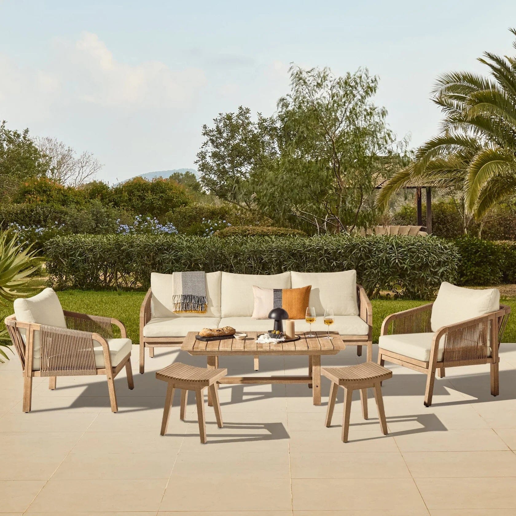 Shiro Wooden Garden Set with 3 Seater Sofa - 2 Shiro Armchairs - 2 Stools & Coffee Table