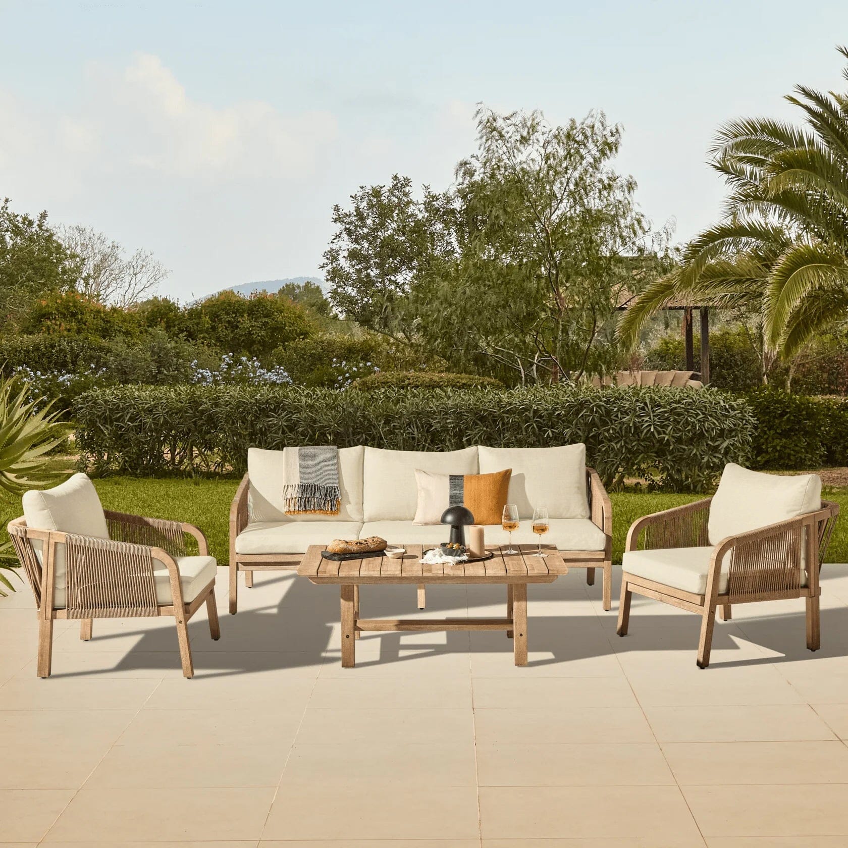 Shiro Wooden Garden Set with 3 Seater Sofa - 2 Shiro Armchairs & Coffee Table