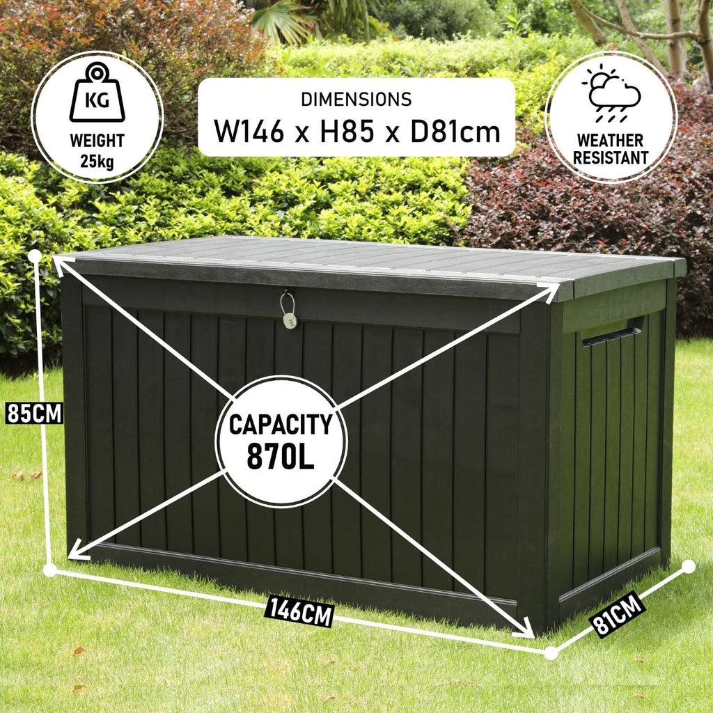 870L Extra Large Outdoor Garden Storage Box – Heavy-Duty Weather-Resistant Wood-Effect Chest with Lock, Gas-Lift Lid & Massive Capacity – Grey