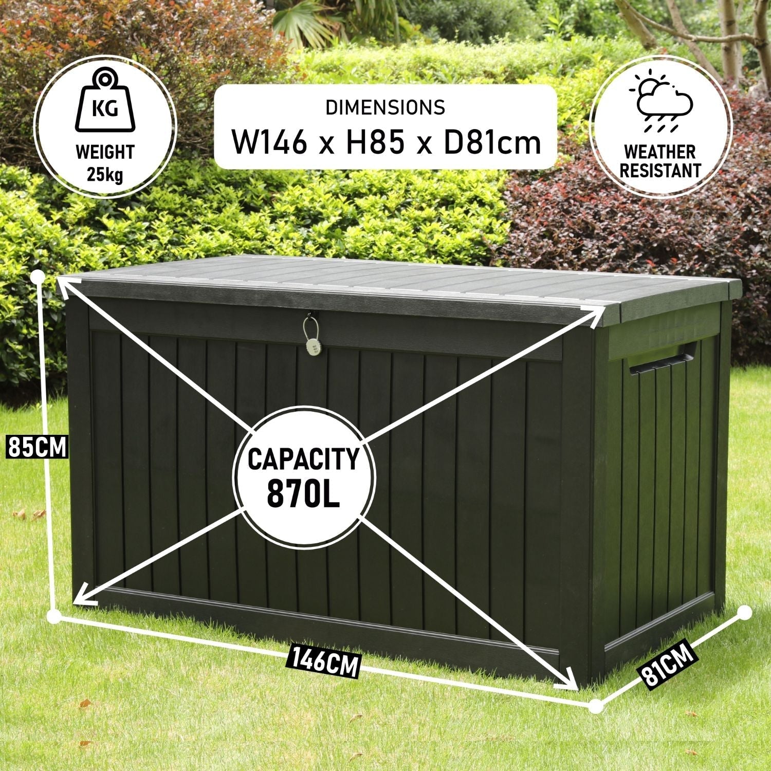 870L Extra Large Outdoor Garden Storage Box – Heavy-Duty Weather-Resistant Wood-Effect Chest with Lock, Gas-Lift Lid & Massive Capacity – Grey