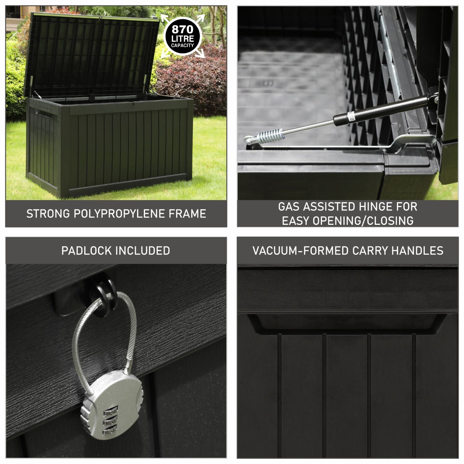 870L Extra Large Outdoor Garden Storage Box – Heavy-Duty Weather-Resistant Wood-Effect Chest with Lock, Gas-Lift Lid & Massive Capacity – Grey