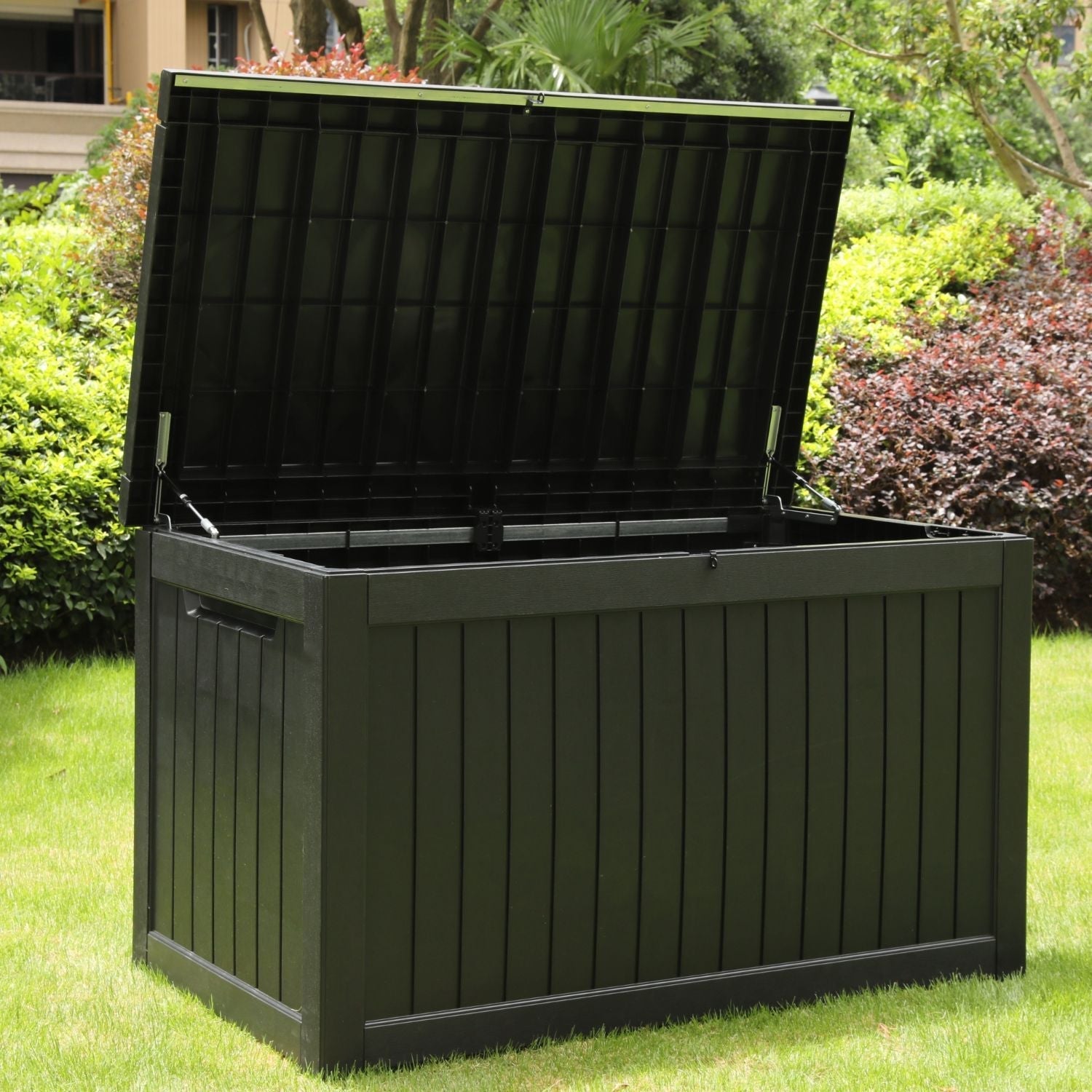 870L Extra Large Outdoor Garden Storage Box – Heavy-Duty Weather-Resistant Wood-Effect Chest with Lock, Gas-Lift Lid & Massive Capacity – Grey