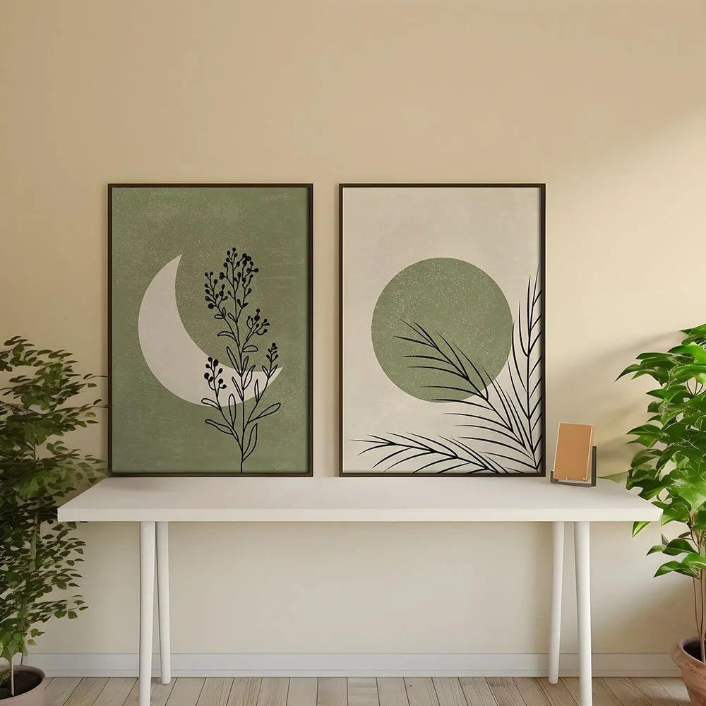 UrbanFamily – 2-Piece Bohemian Canvas Set | Plant, Moon & Sun Wall Art