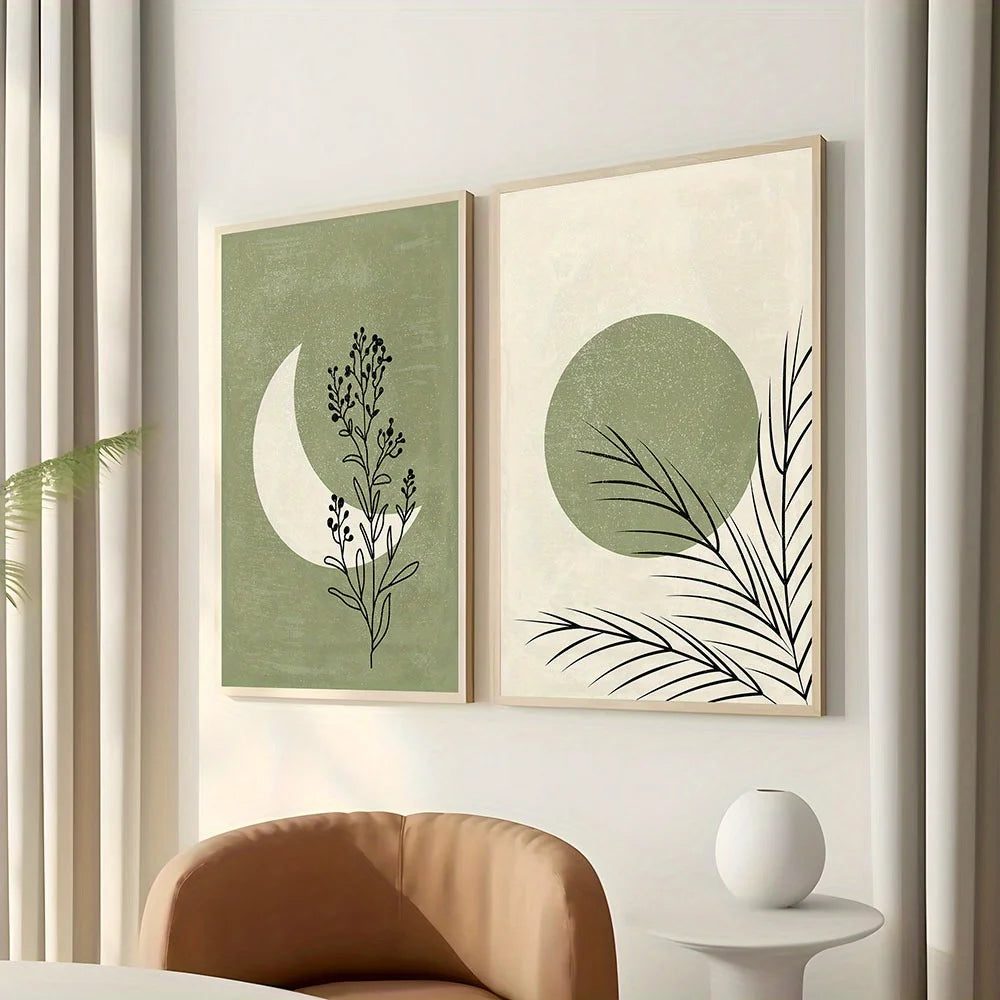 UrbanFamily – 2-Piece Bohemian Canvas Set | Plant, Moon & Sun Wall Art