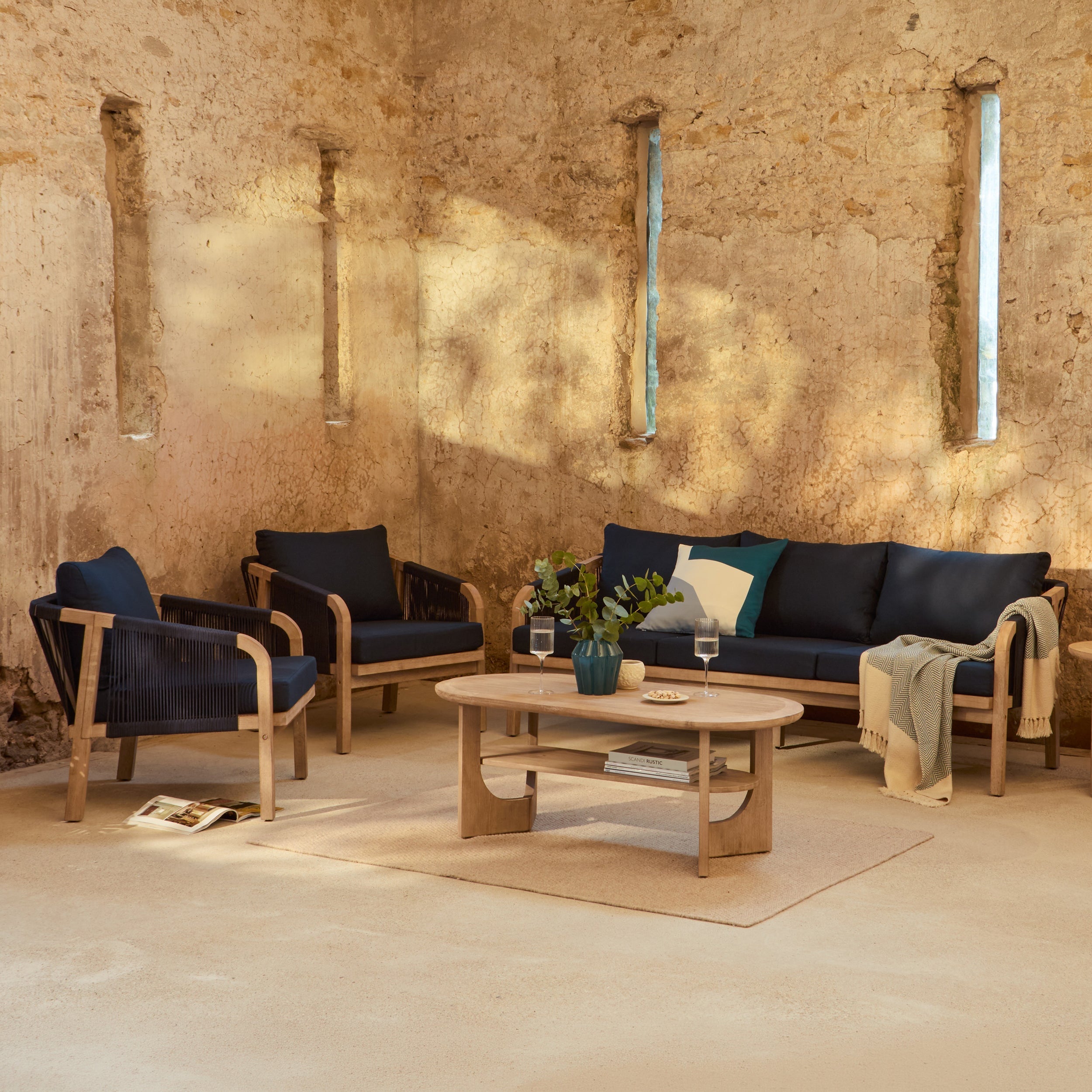 Shiro Wooden Garden Set with 3 Seater Sofa - 2 Shiro Armchairs with Delphi Oval Coffee Table and Side Table
