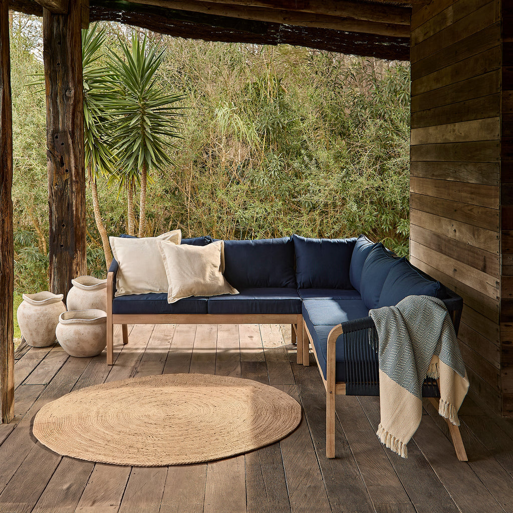 Shiro Brushed Light Acacia Garden Corner Sofa - Navy Rope