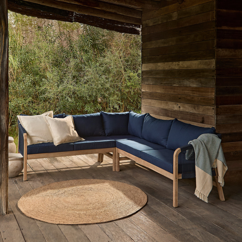 Shiro Brushed Light Acacia Garden Corner Sofa - Navy Rope