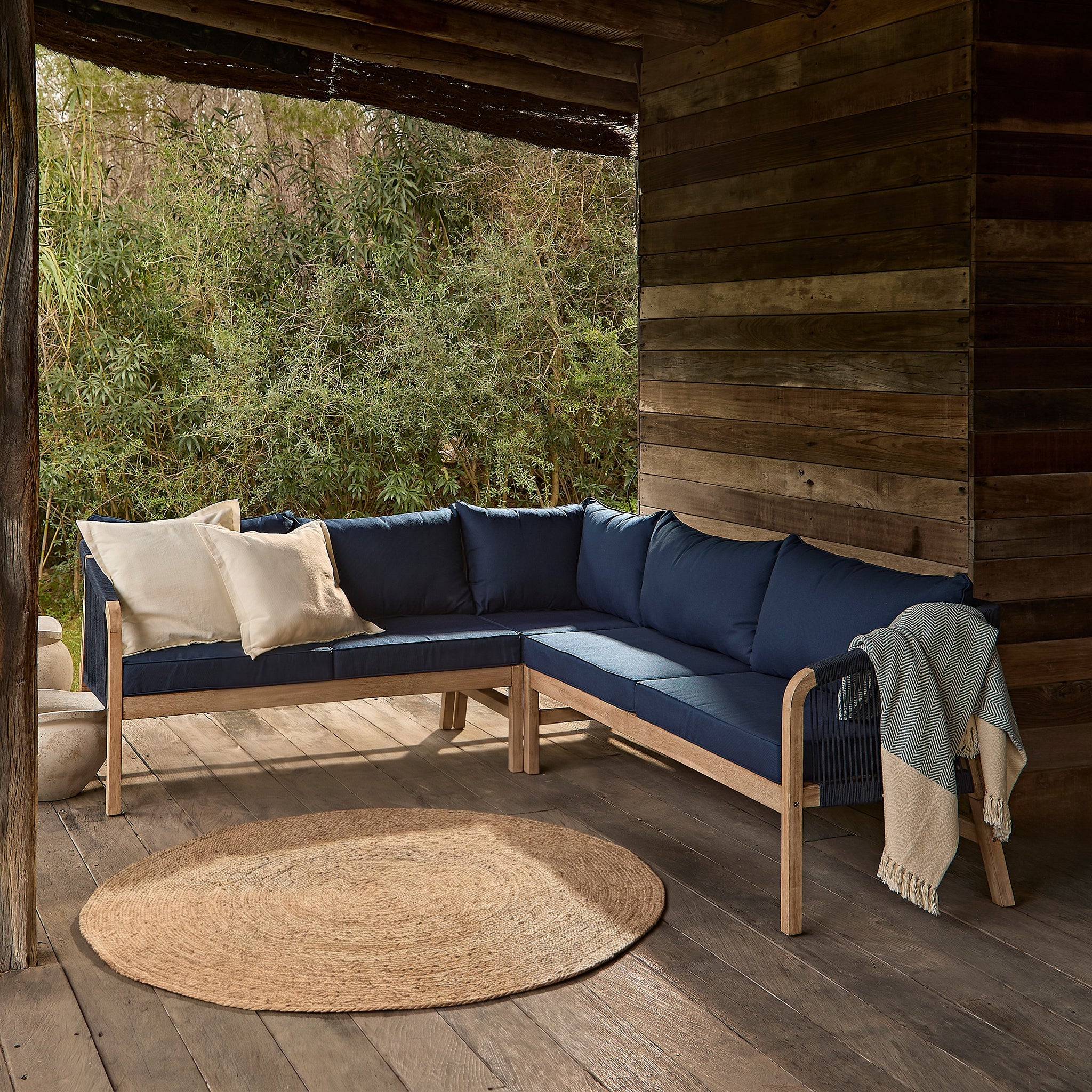 Shiro Brushed Light Acacia Garden Corner Sofa - Navy Rope