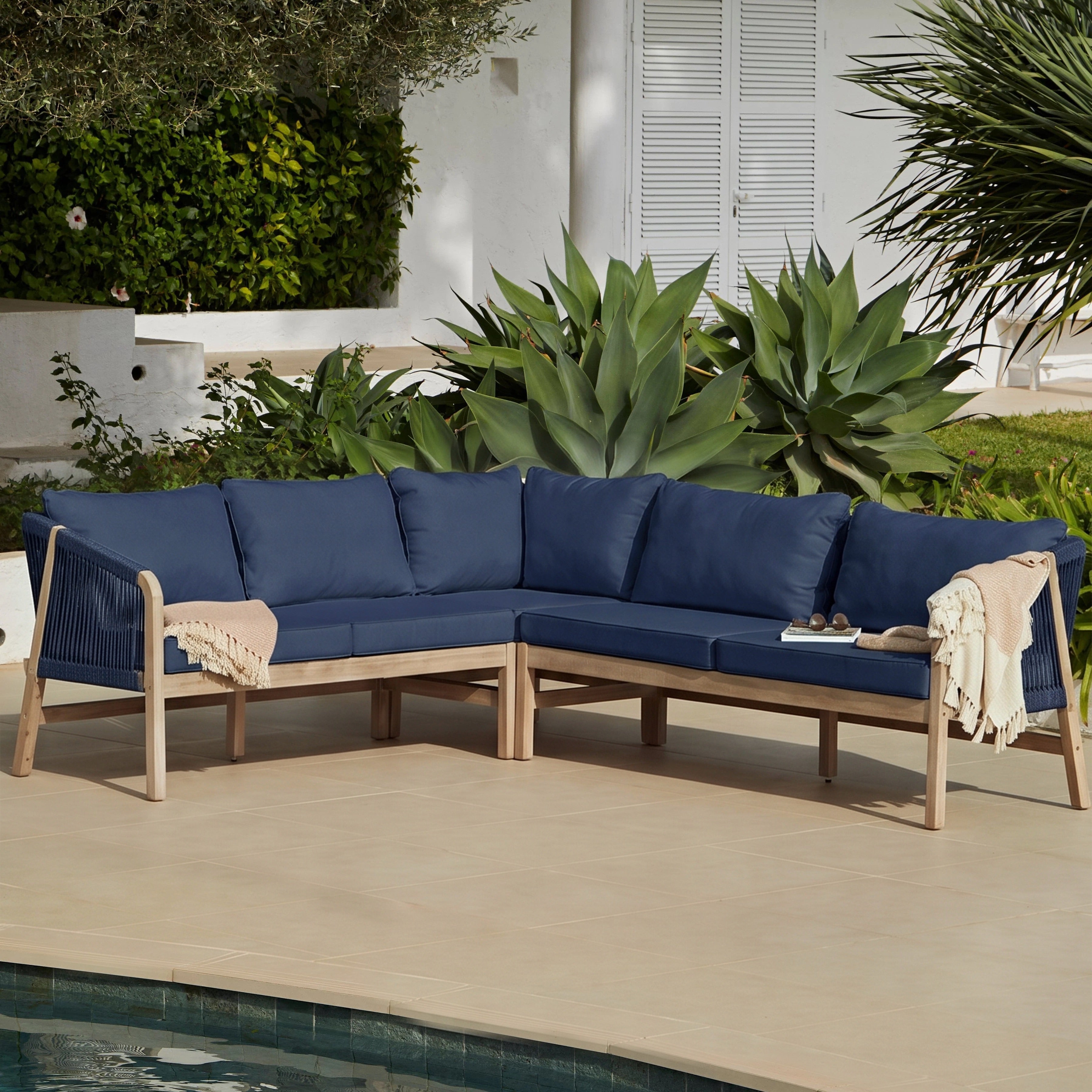 Shiro Brushed Light Acacia Garden Corner Sofa - Navy Rope