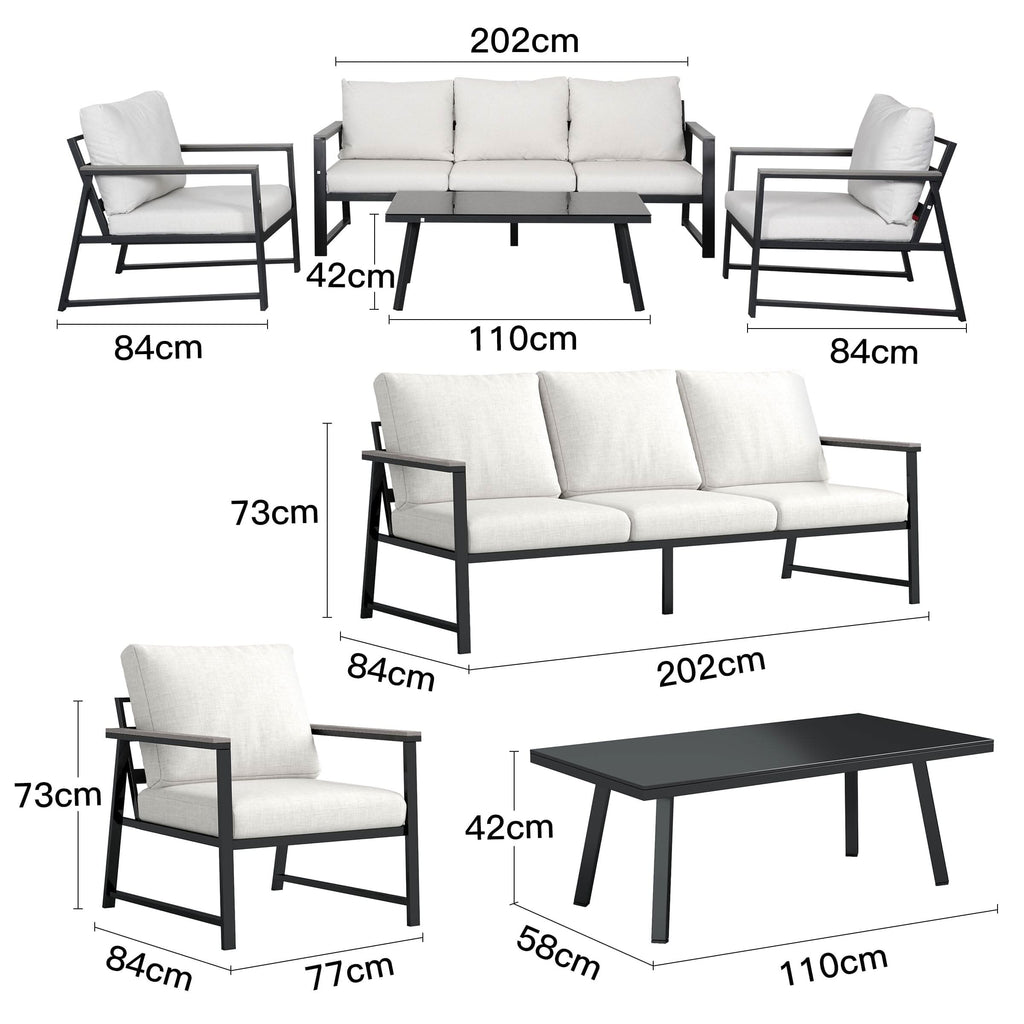 4 Piece Aluminium Outdoor Sofa Set with Glass Table Garden Furniture