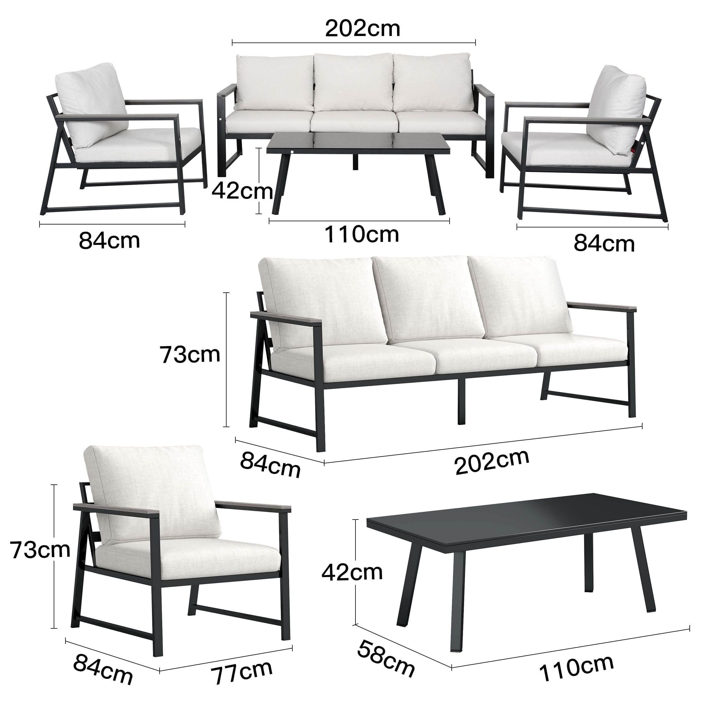 4 Piece Aluminium Outdoor Sofa Set with Glass Table Garden Furniture