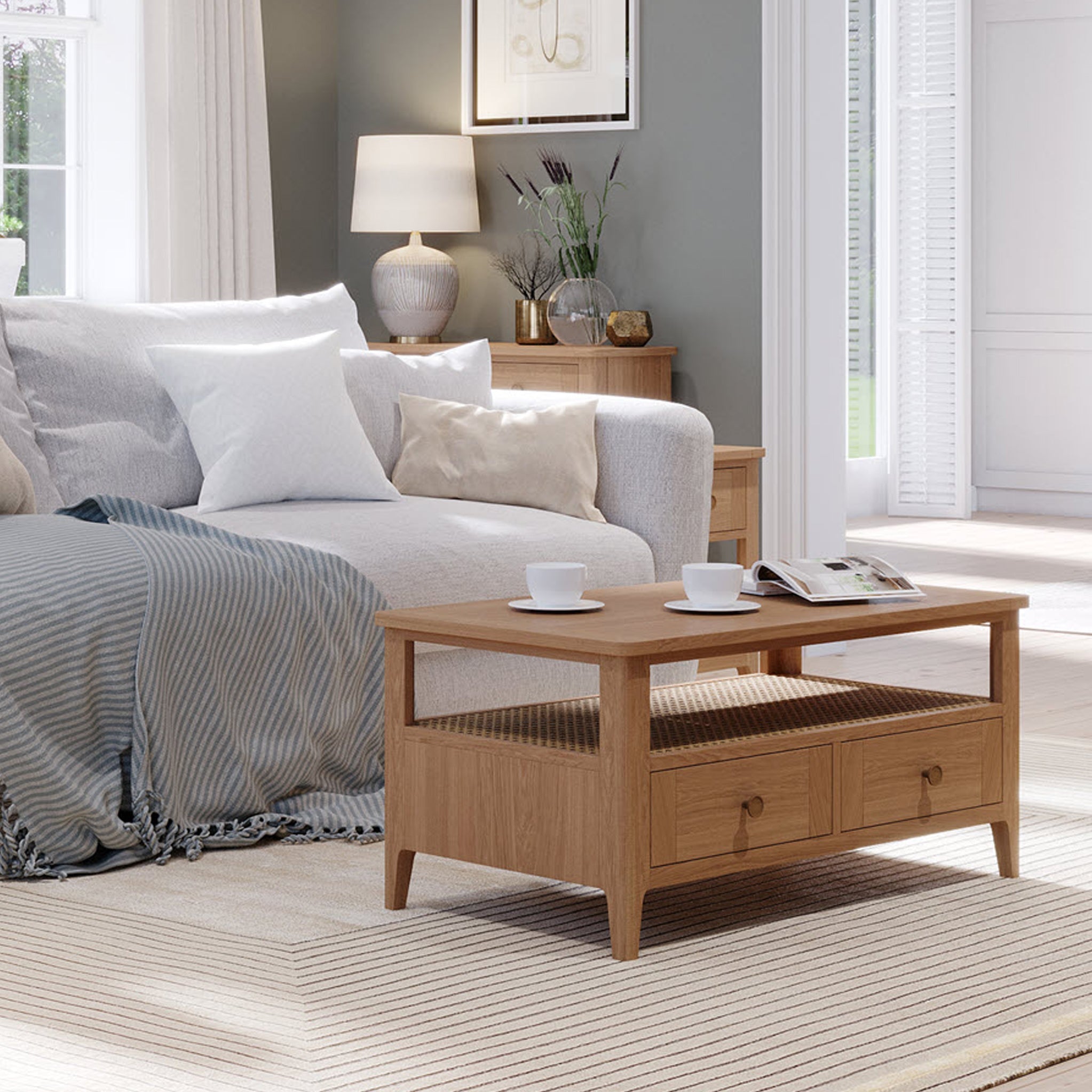 Albany Oak & Rattan 2 Drawer Coffee Table