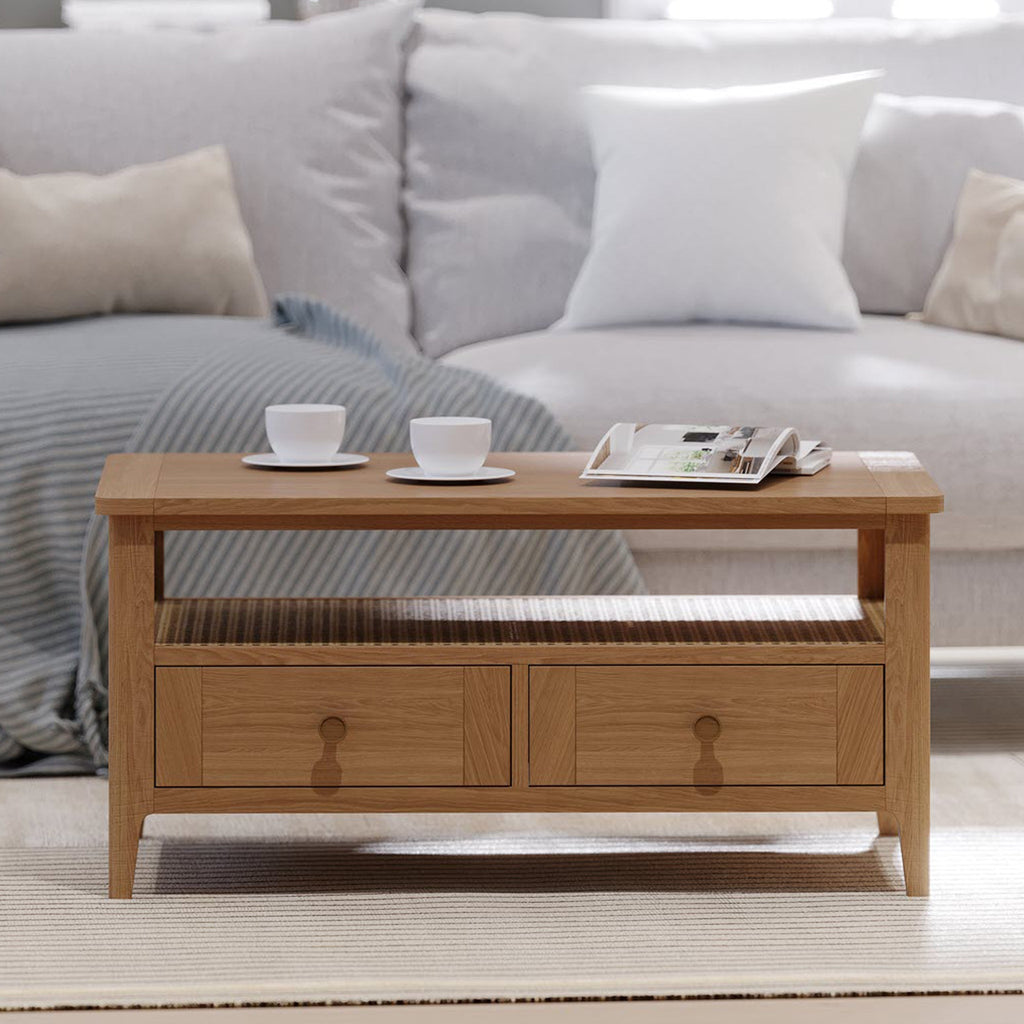 Albany Oak & Rattan 2 Drawer Coffee Table