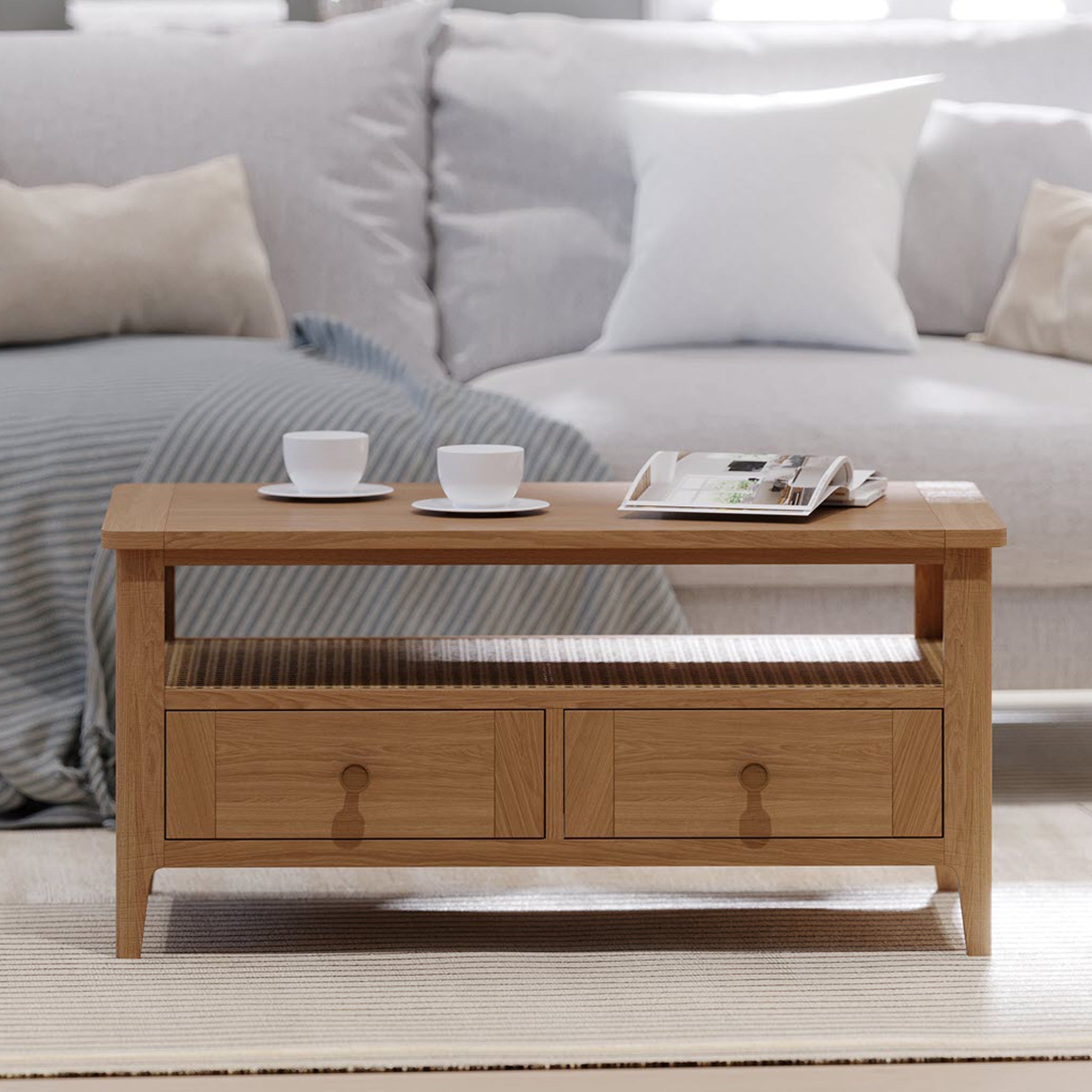 Albany Oak & Rattan 2 Drawer Coffee Table