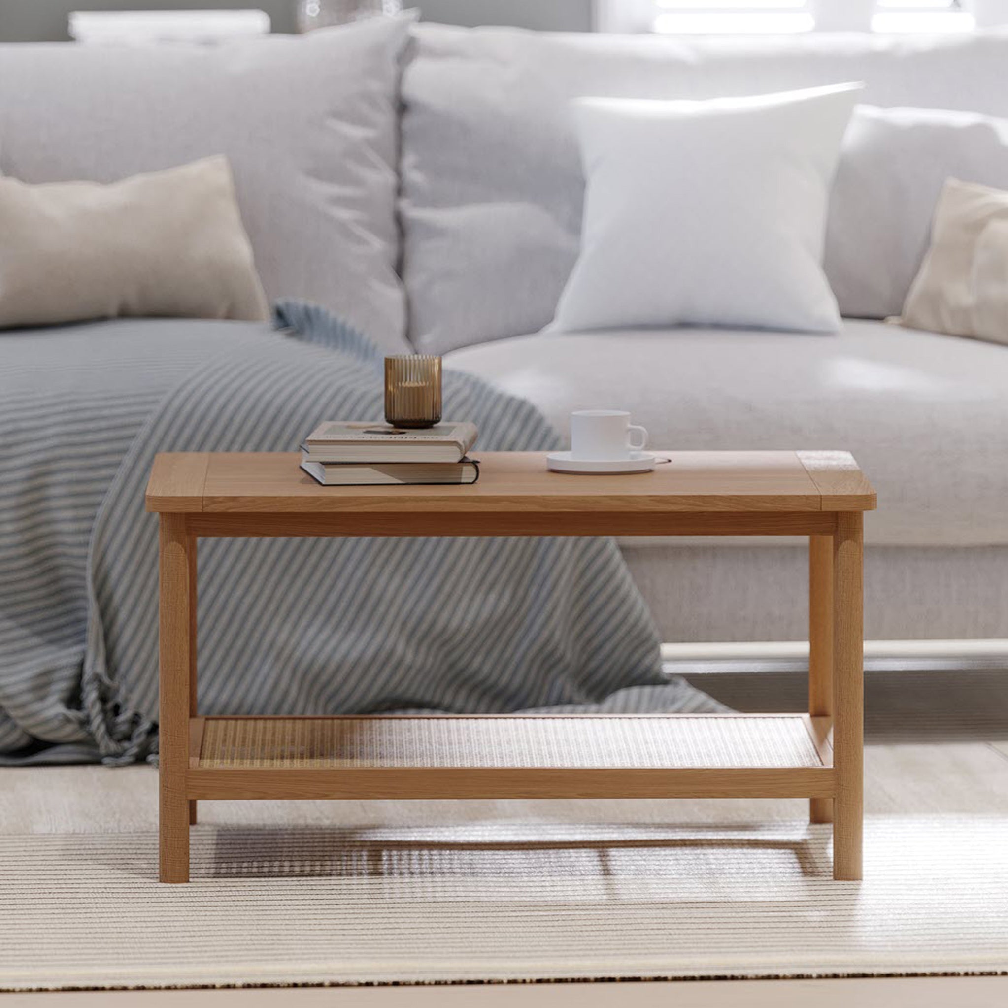 Albany Oak & Rattan Coffee Table with Shelf