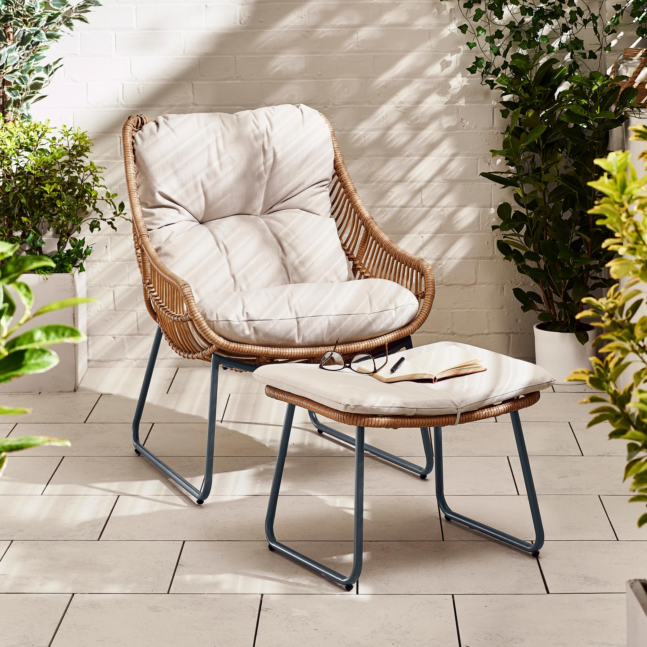 Tahiti Beige Rattan Garden Chair with Footstool