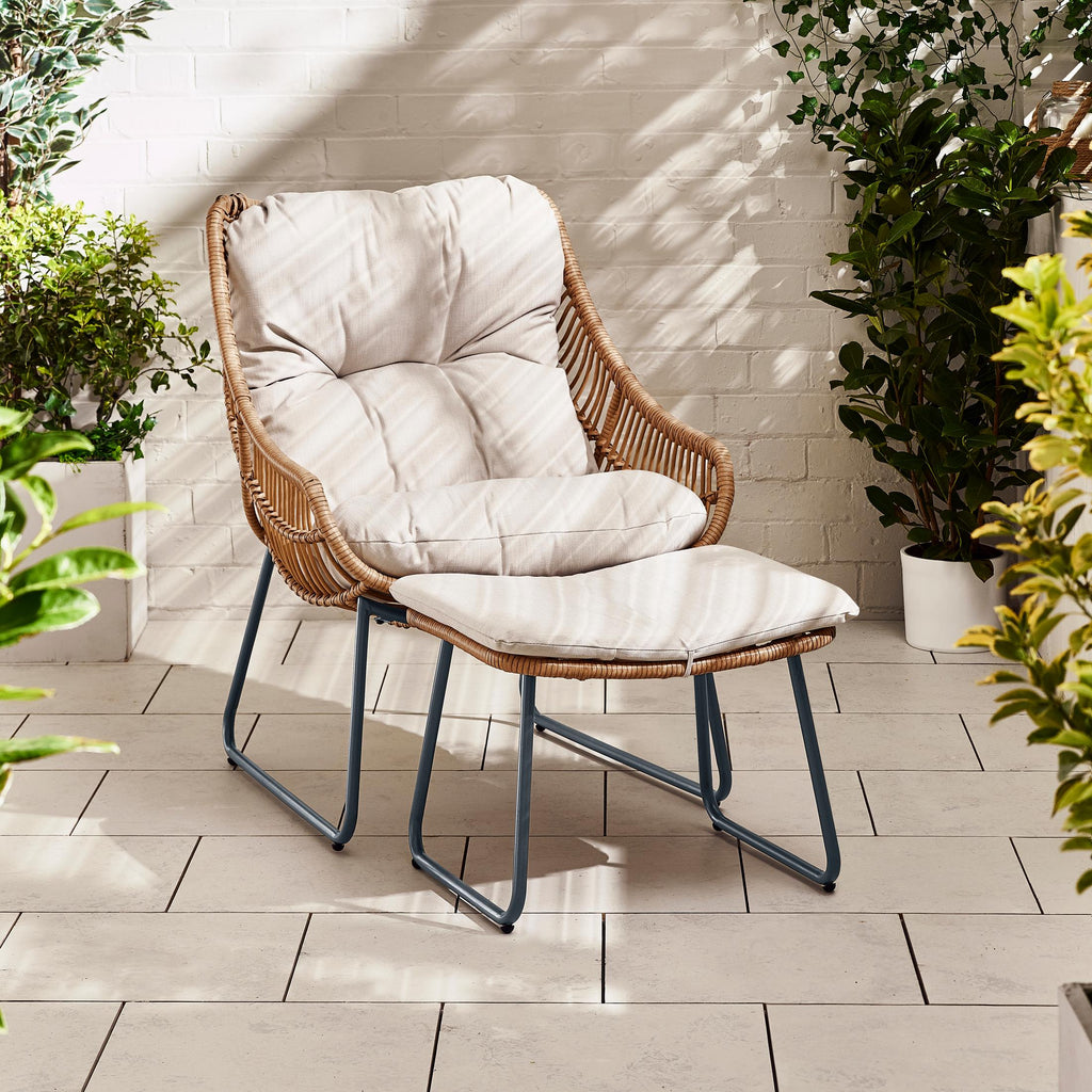 Tahiti Beige Rattan Garden Chair with Footstool