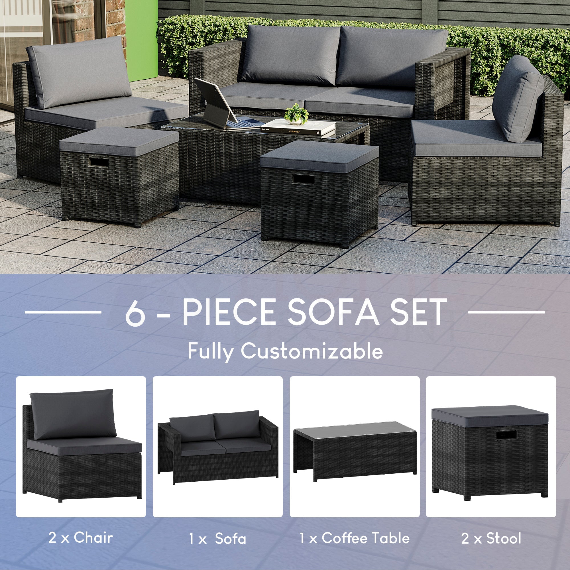 Islay 6 Seater Rattan Set, Black