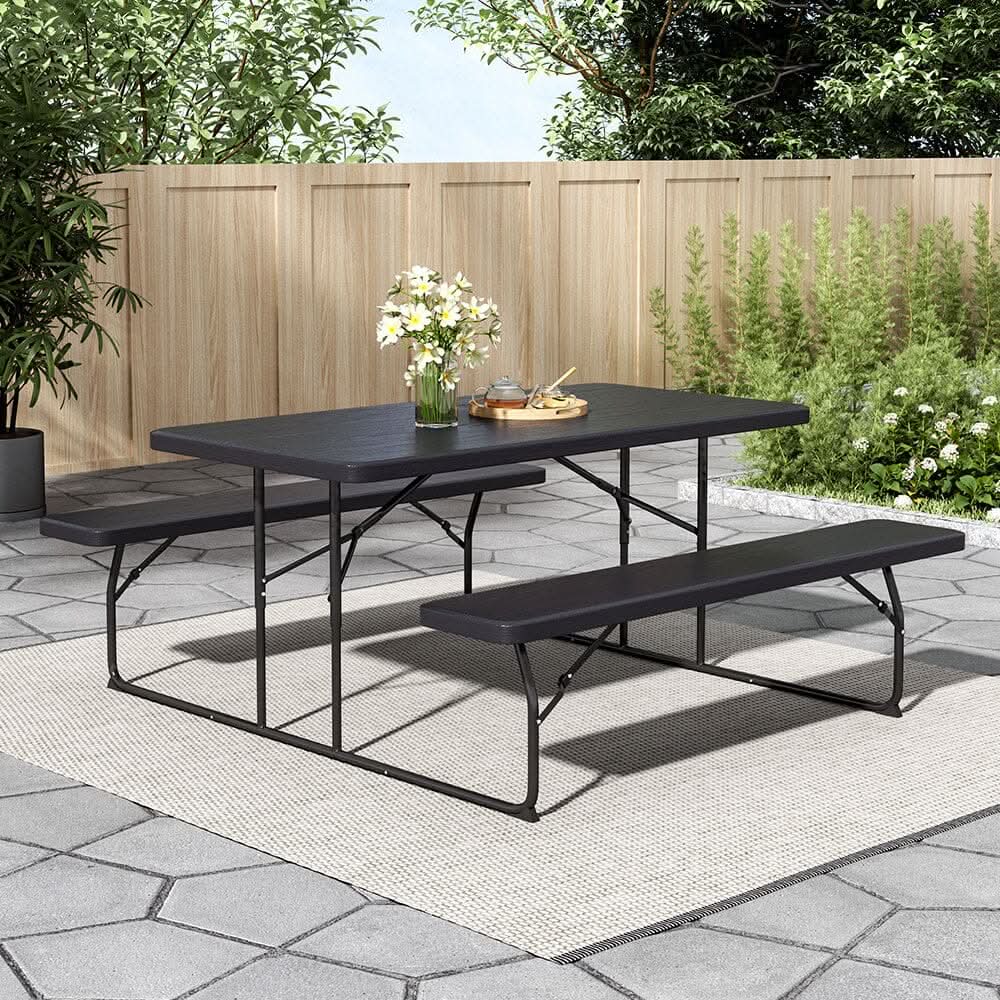 5ft Foldable Picnic Table and Bench Set with Parasol Hole Black/White