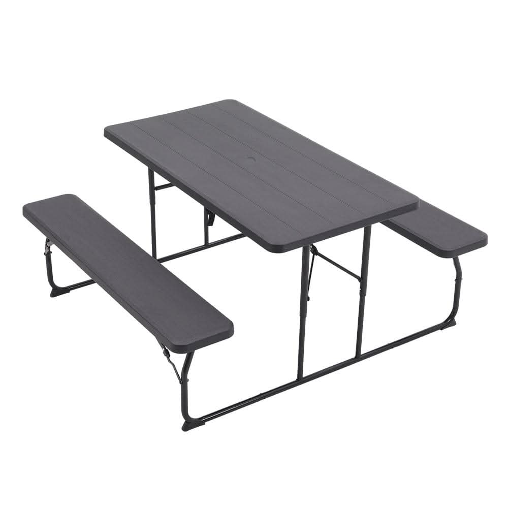 5ft Foldable Picnic Table and Bench Set with Parasol Hole Black/White