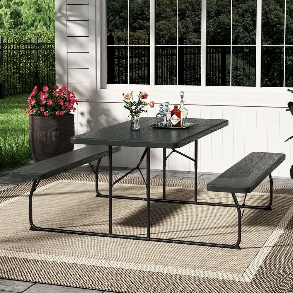 5ft Foldable Picnic Table and Bench Set with Parasol Hole Black/White