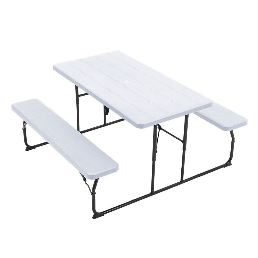 5ft Foldable Picnic Table and Bench Set with Parasol Hole Black/White