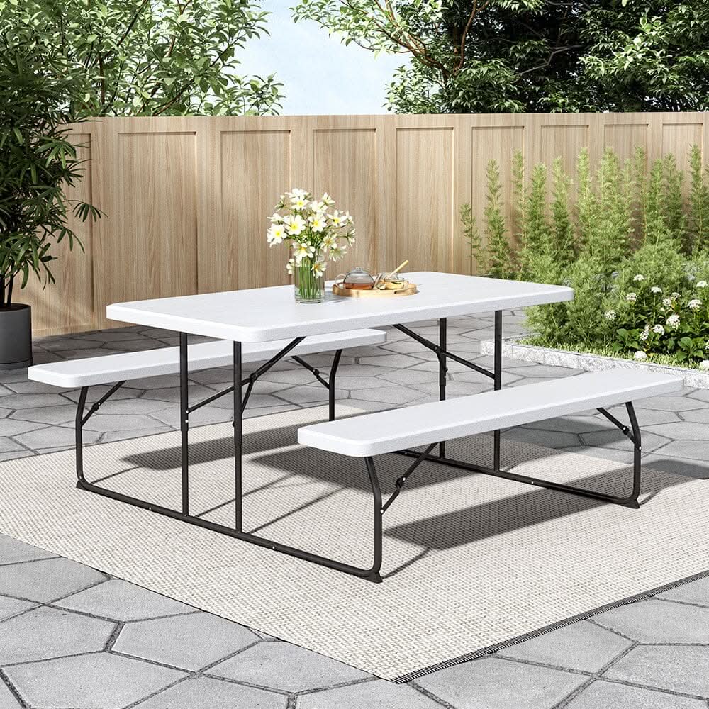 5ft Foldable Picnic Table and Bench Set with Parasol Hole Black/White