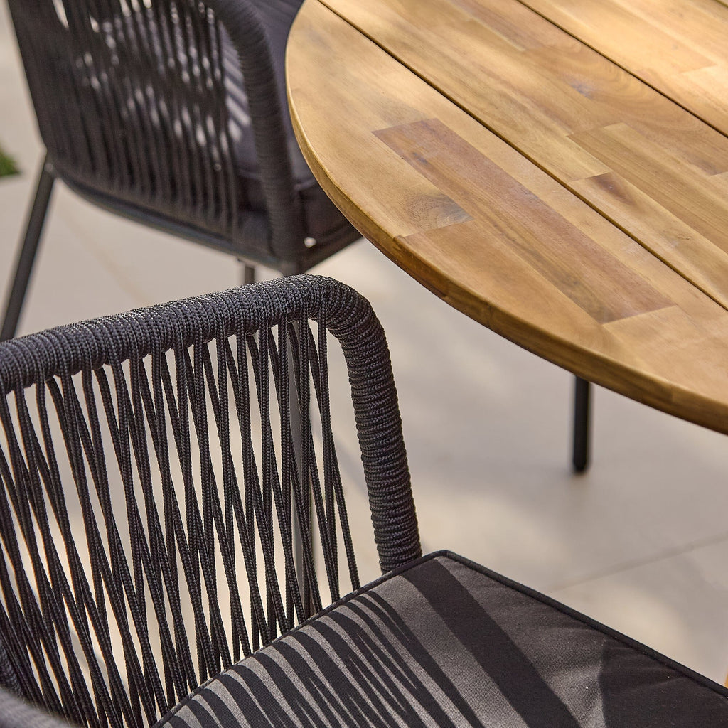 Willow 6 Seater Round Wooden Garden Set with 6 Hali Black Rope Chairs & Round Cream LED Parasol
