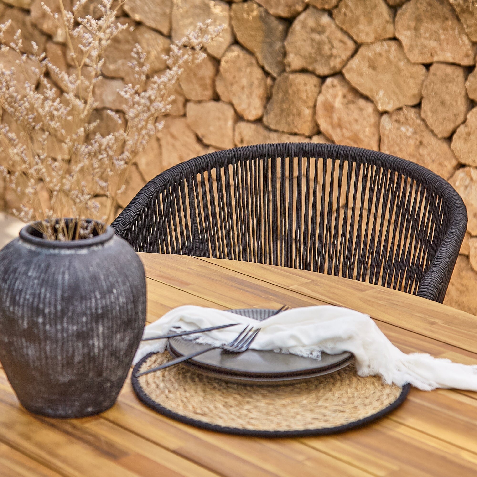 Willow 6 Seater Round Wooden Garden Set with 6 Hali Black Rope Chairs & Round Grey Parasol