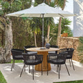 Willow 6 Seater Round Wooden Garden Set with 6 Hali Black Rope Chairs & Round Cream LED Parasol