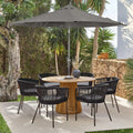 Willow 6 Seater Round Wooden Garden Set with 6 Hali Black Rope Chairs & Round Grey LED Parasol