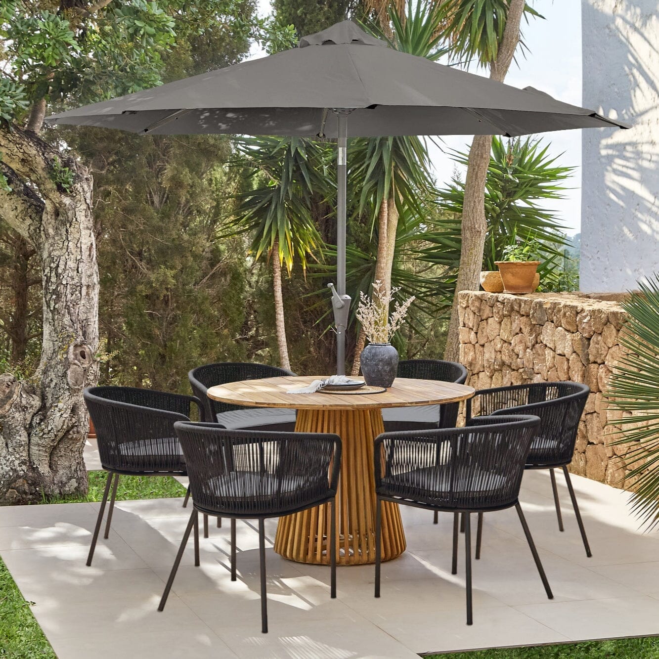 Willow 6 Seater Round Wooden Garden Set with 6 Hali Black Rope Chairs & Round Grey LED Parasol