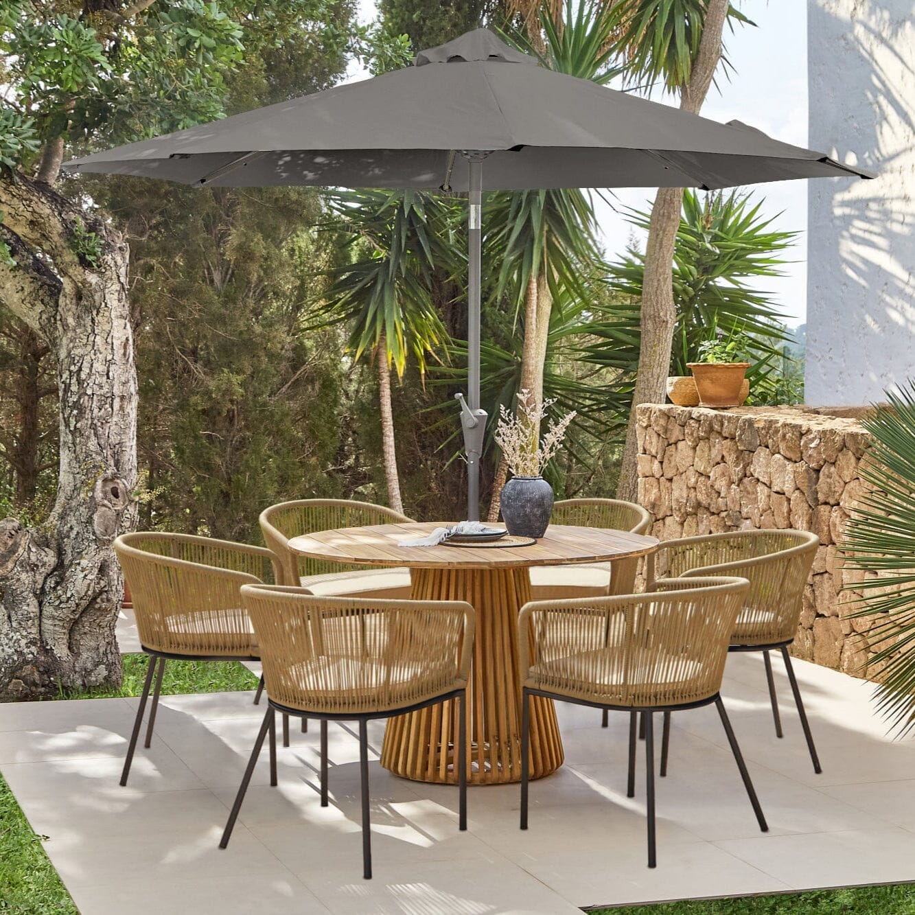 Willow 6 Seater Round Wooden Garden Set with 6 Hali Natural Rope Chairs & Round Grey Parasol
