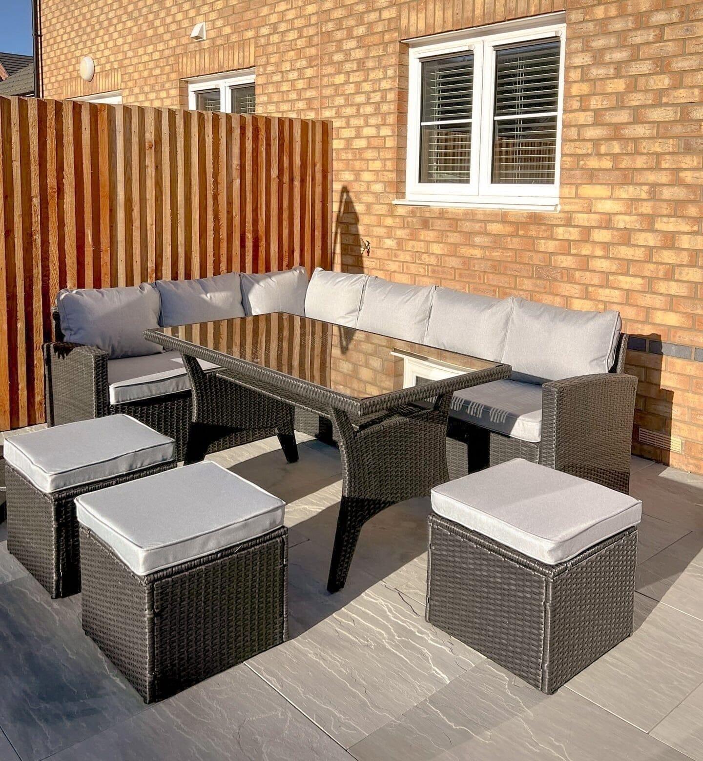 Aston 9 Seater Rattan Garden Corner Sofa Set with Grey Lean Over Parasol - Black Weave