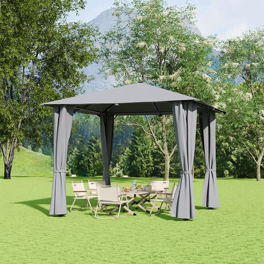 3x3x2.6m / 4x4x2.6m Light Grey / Dark Grey Single Roof Iron Tent with Lights – Square Canopy with Ground Pegs