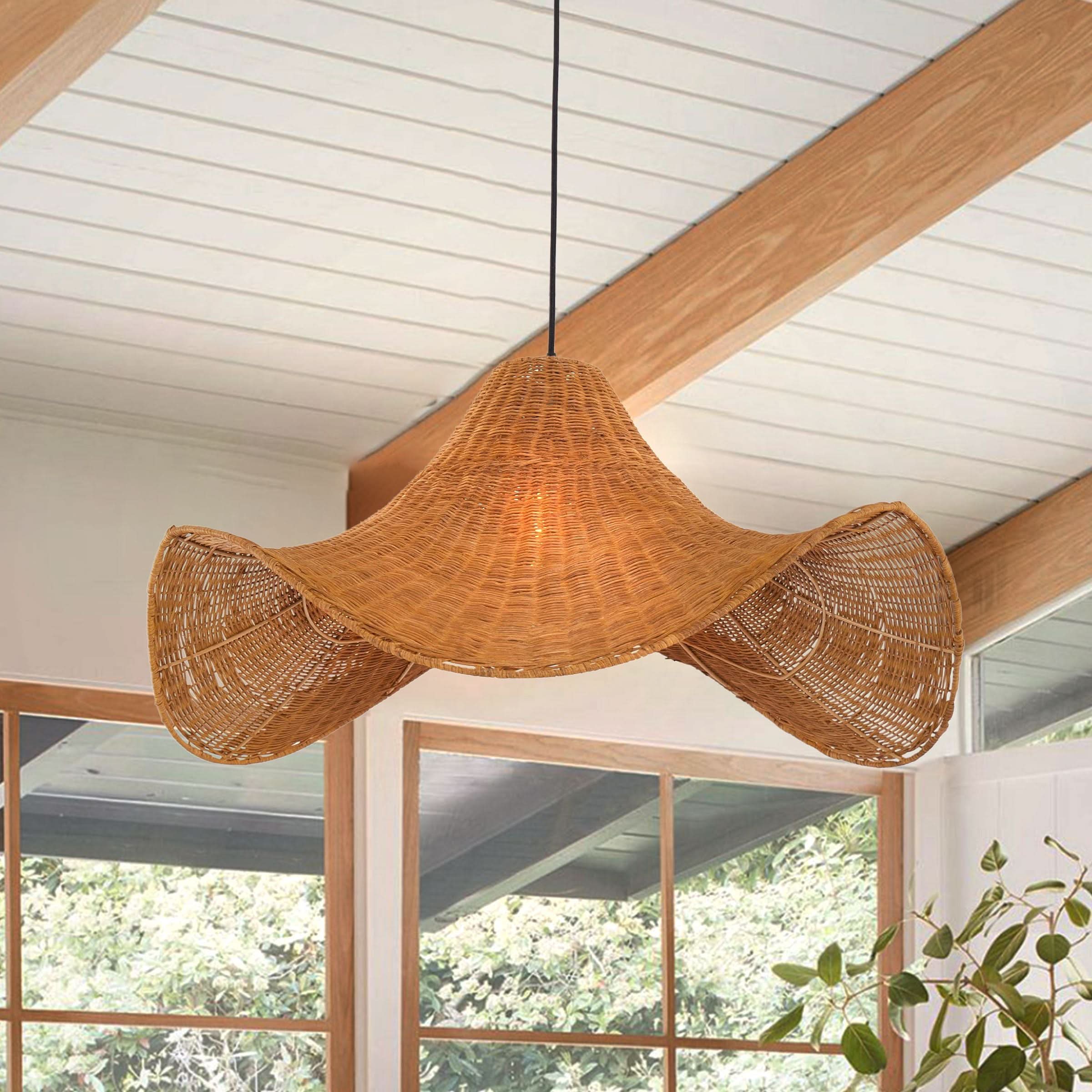 Lightsin Handwoven Rattan Pendant Light Natural & White Hat-Shaped Ceiling Light