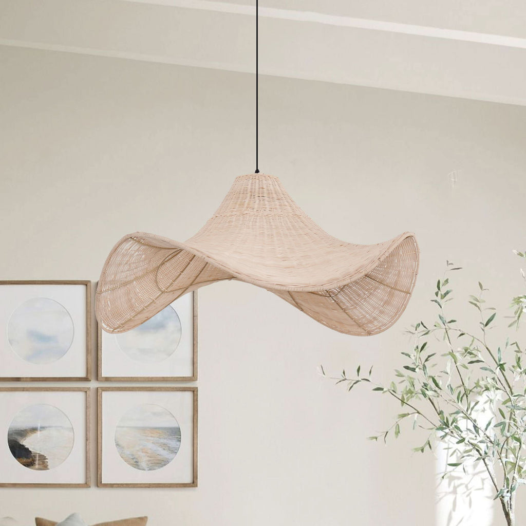 Lightsin Handwoven Rattan Pendant Light Natural & White Hat-Shaped Ceiling Light